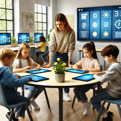 DALL·E 2025-02-10 13.51.33 - Four elementary school students sitting around a round table, each using a 10-inch touchscreen. The students are engaged in a learning activity, inter