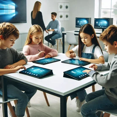 DALL·E 2025-02-10 14.04.17 - Four young students sitting around a square table in a modern classroom. Each student has a 10-inch touchscreen in front of them, without a keyboard.